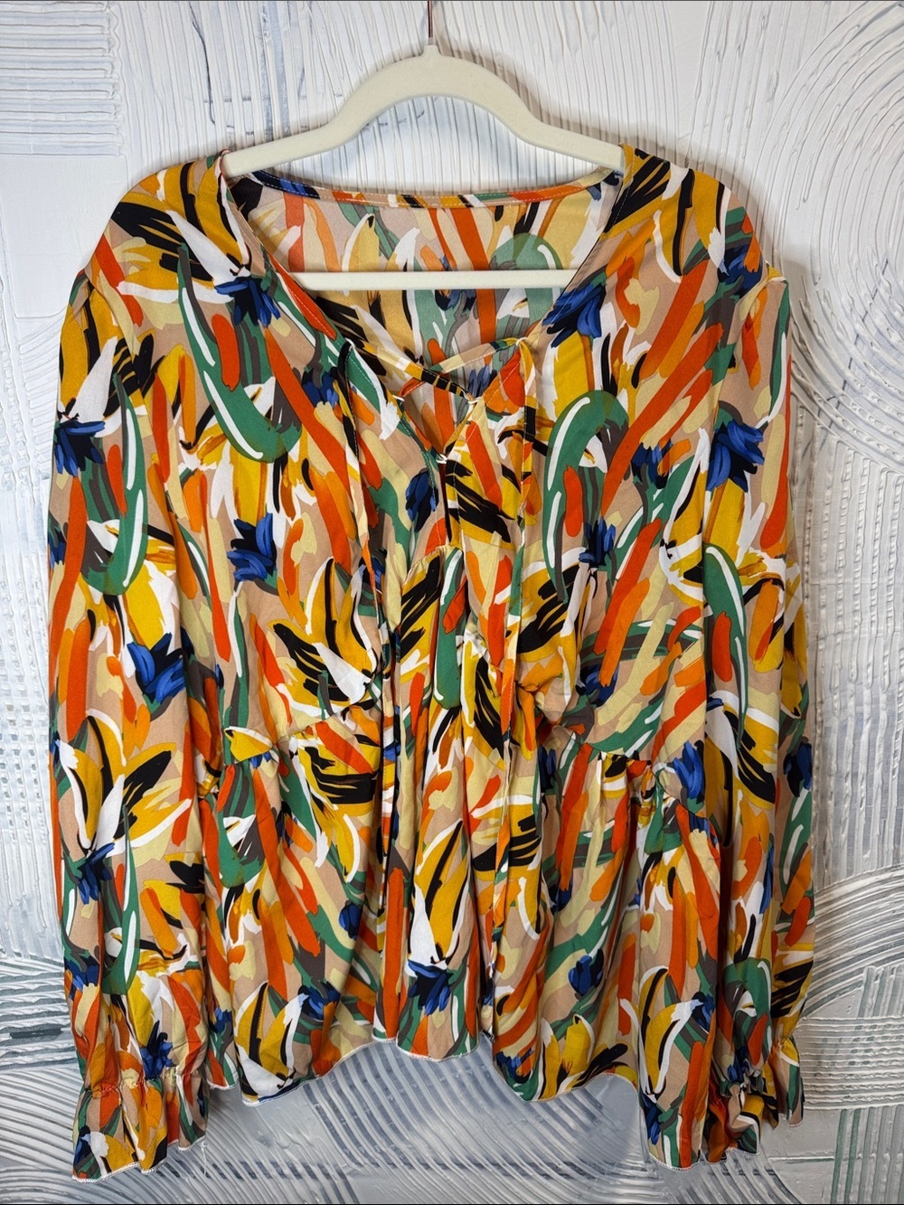 Boho Abstract Print Tie Neck Peplum Blouse Women’s Long Sleeve 4X N0449